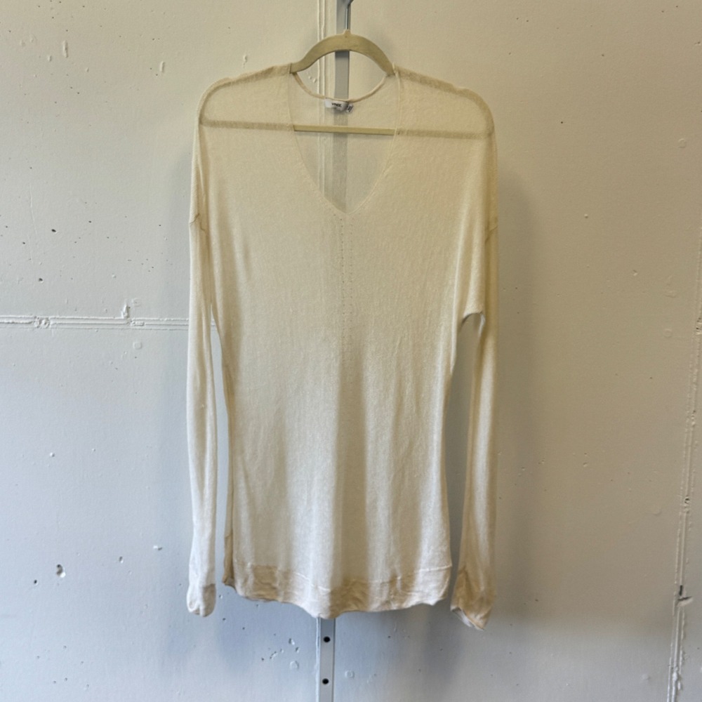 Vince Womens Cream V-Neck Long Sleeve Sheer Knit Top Tunic Size Small Boho